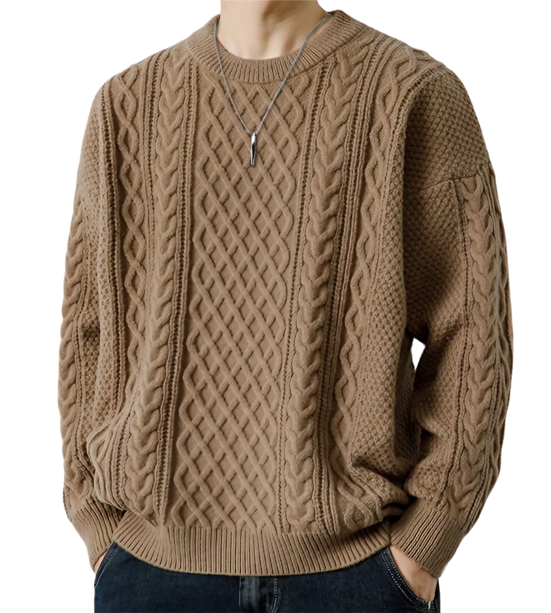 HAFOS セーター メンズ 冬服 ゆったり ニット クルーネック 防寒着 大きいサイズ ケーブル編み 冬 トップス 長袖 暖かい 厚手 無地 カジュアル ビジネス 丸首