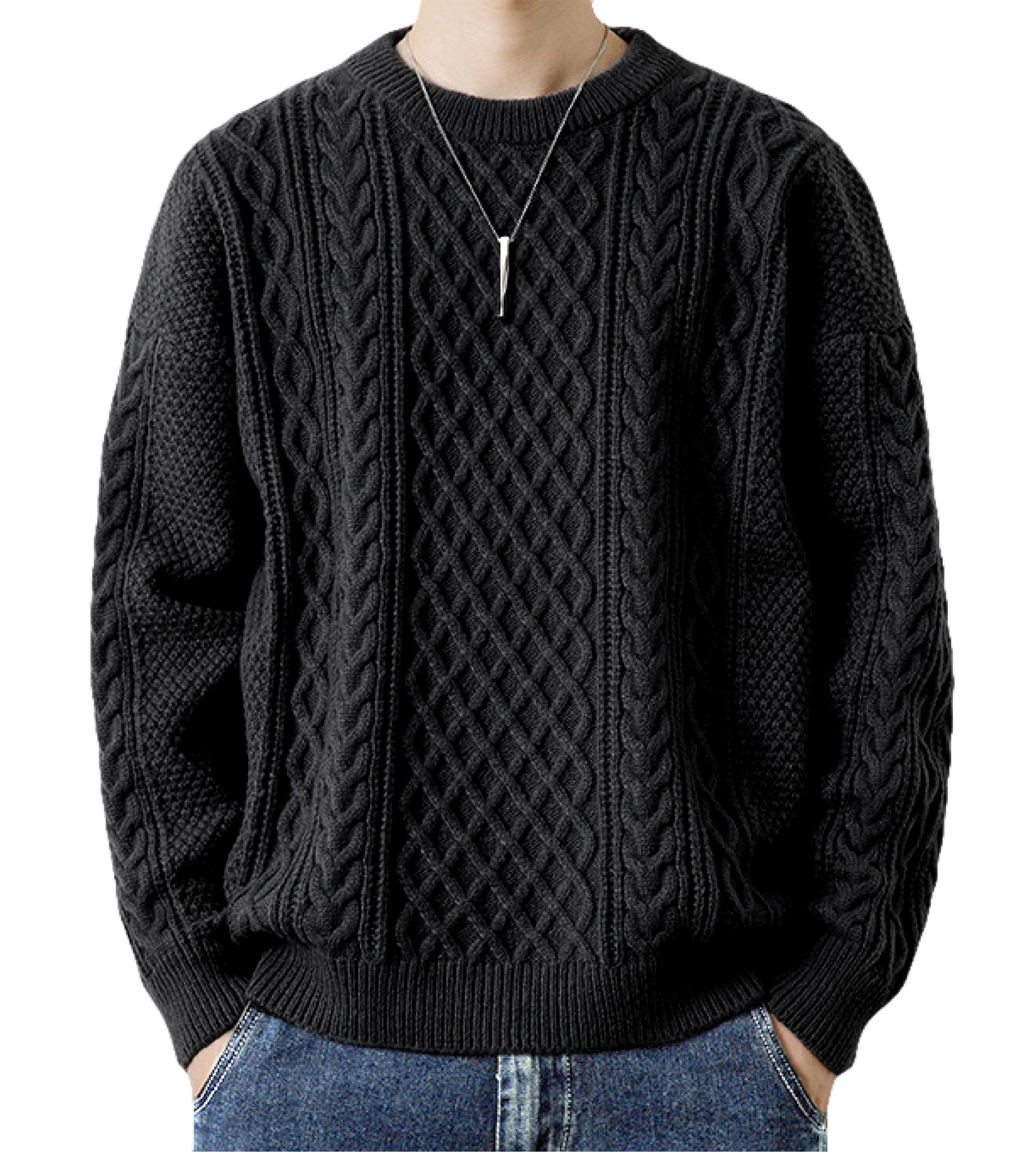 HAFOS セーター メンズ 冬服 ゆったり ニット クルーネック 防寒着 大きいサイズ ケーブル編み 冬 トップス 長袖 暖かい 厚手 無地 カジュアル ビジネス 丸首