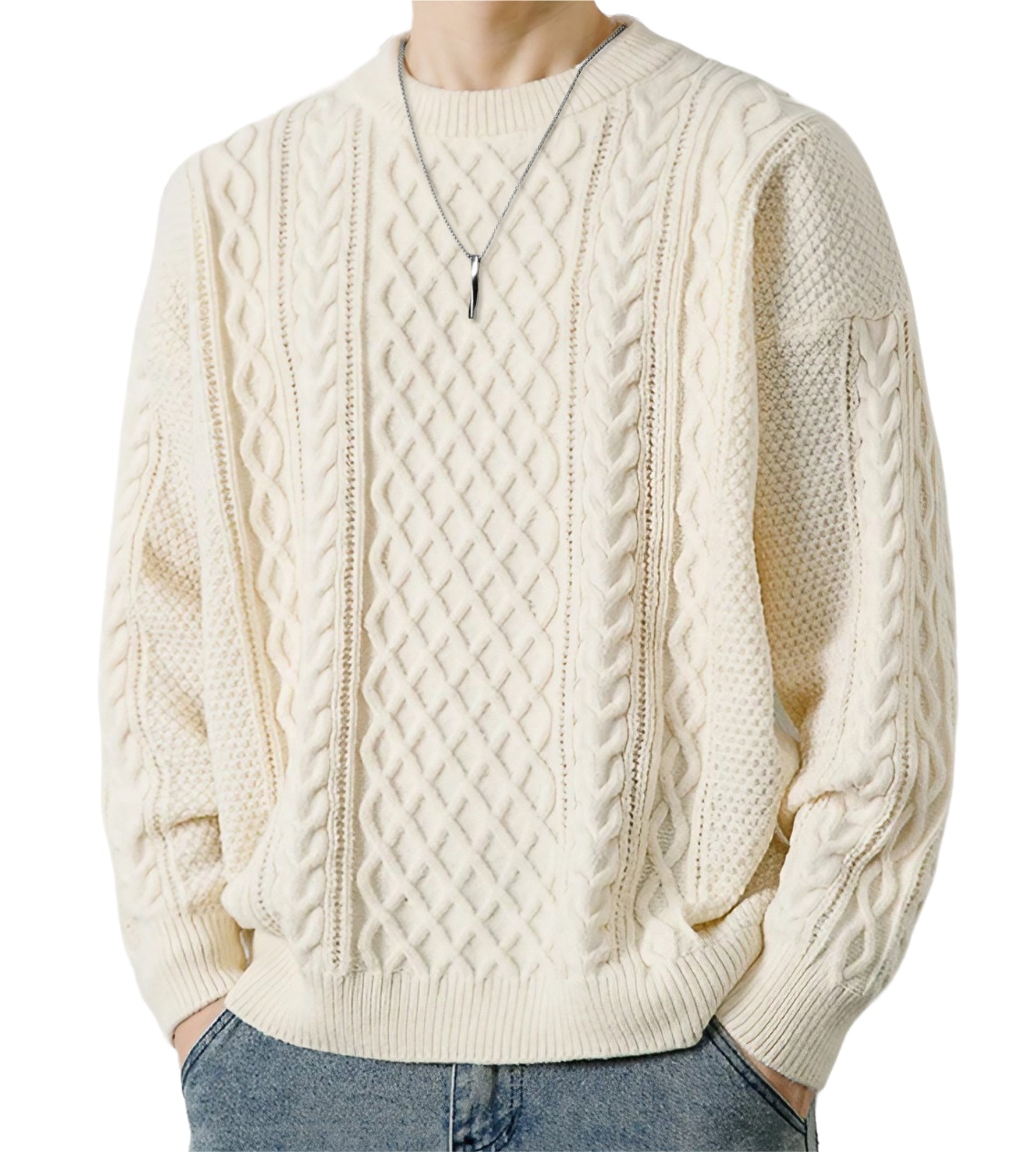 HAFOS セーター メンズ 冬服 ゆったり ニット クルーネック 防寒着 大きいサイズ ケーブル編み 冬 トップス 長袖 暖かい 厚手 無地 カジュアル ビジネス 丸首