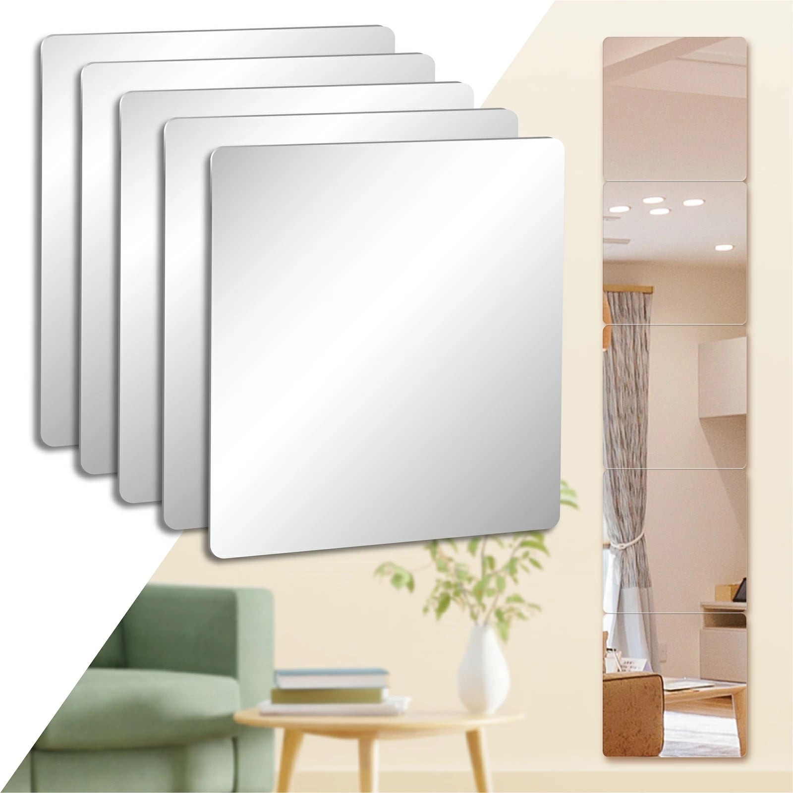 KYOSER 割れない鏡 全身鏡 貼る 5枚セット 30cm×30cm アクリル ミラー 飛散防止 二次災害防止 ケガ防止 穴あけ不要 賃貸OK 貼付け可能 両面シール付き 軽量