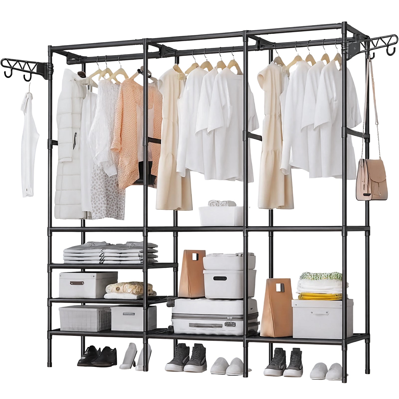 ハンガーラック 大容量 洋服ラック 組み立て簡単 自立型ハンガークローゼット 衣装ラック 寝室 バルコニー ランドリー用 サイド棚付き 160*36*173cmサイズ