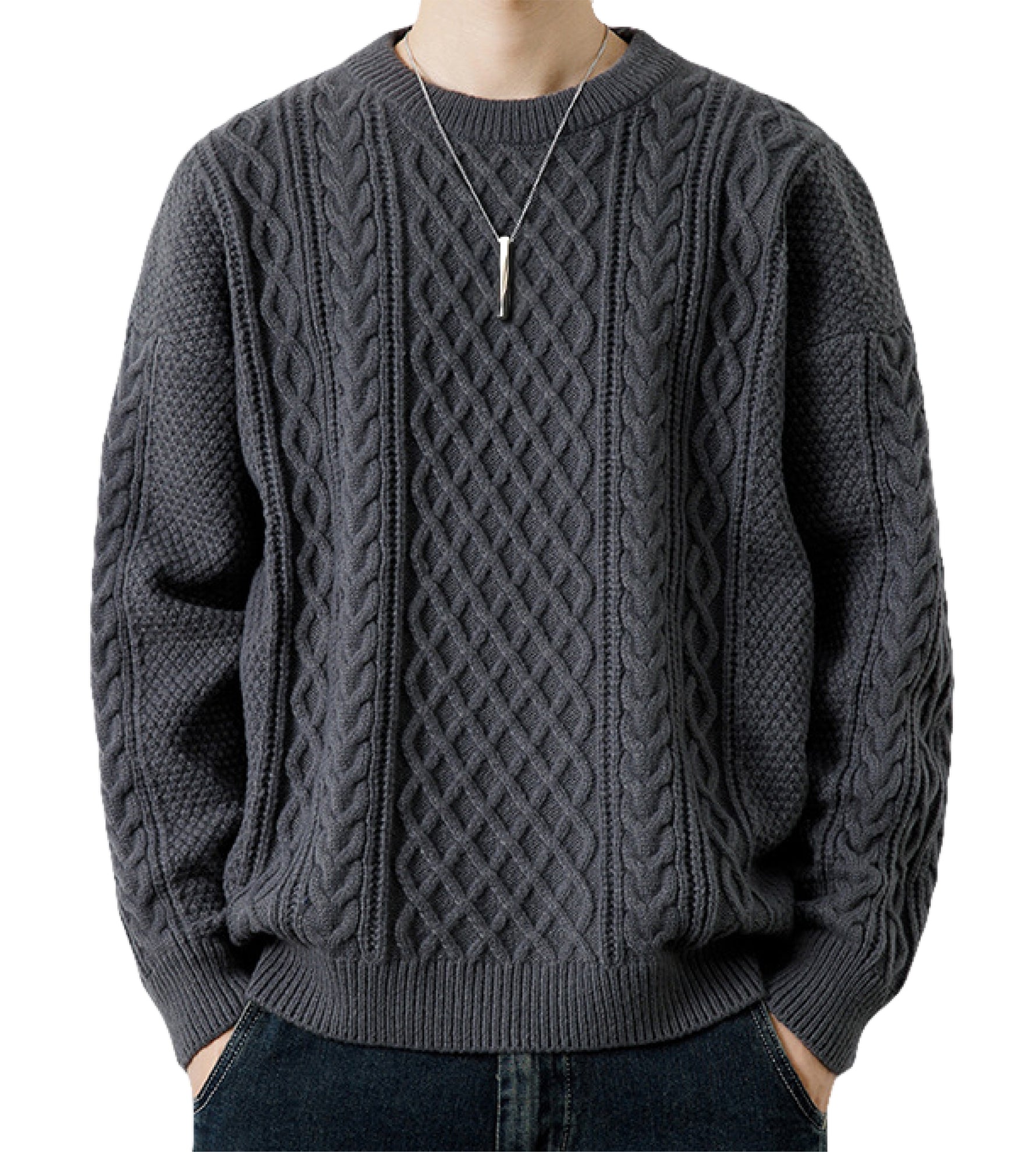 HAFOS セーター メンズ 冬服 ゆったり ニット クルーネック 防寒着 大きいサイズ ケーブル編み 冬 トップス 長袖 暖かい 厚手 無地 カジュアル ビジネス 丸首