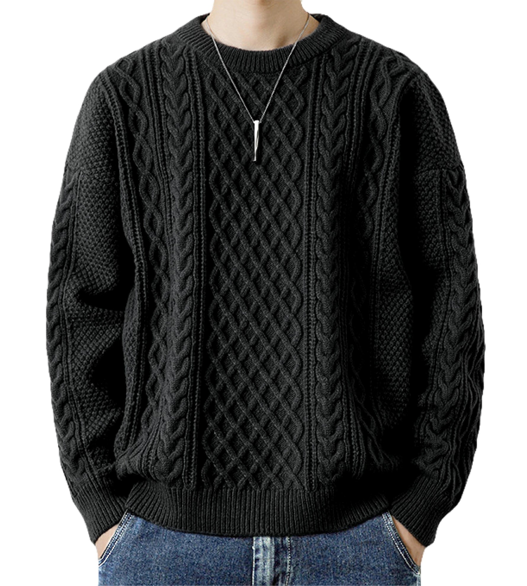 HAFOS セーター メンズ 冬服 ゆったり ニット クルーネック 防寒着 大きいサイズ ケーブル編み 冬 トップス 長袖 暖かい 厚手 無地 カジュアル ビジネス 丸首