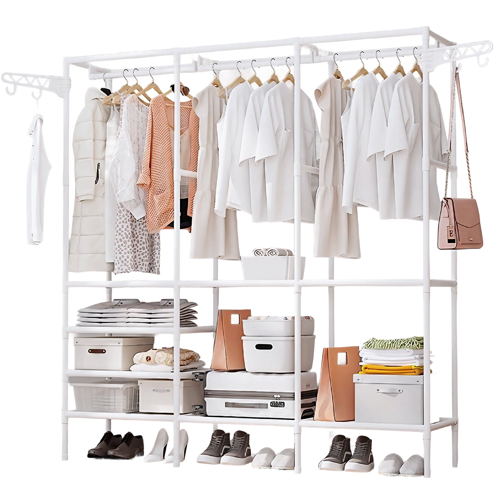 ハンガーラック 大容量 洋服ラック 組み立て簡単 自立型ハンガークローゼット 衣装ラック 寝室 バルコニー ランドリー用 サイド棚付き 160*36*173cmサイズ